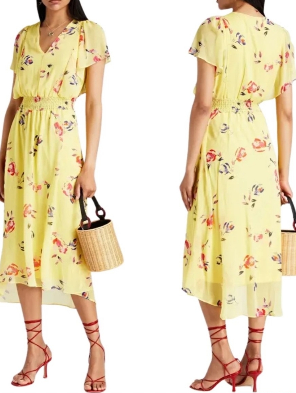 DKNY Yellow Floral Midi Dress – Size 6 – Flutter Sleeve, Smocked Waist